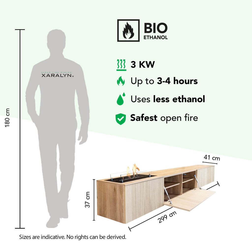 Jörne Long bio-ethanol haard - TV meubel gecombineerd met bio-ethanol haard - 3 KW verwarming specificaties