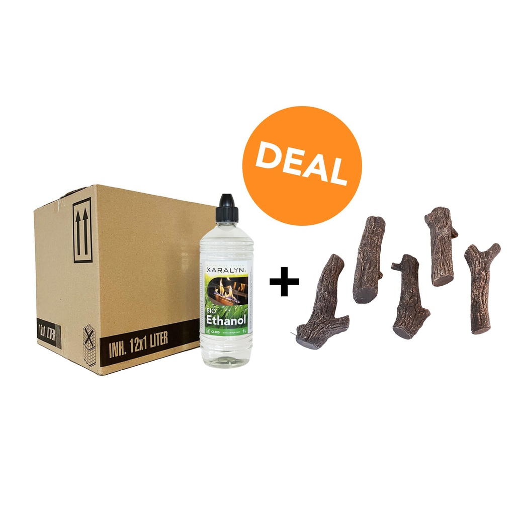 DEAL - Bio-ethanol CL100 (12X 1 liter)+ Keramische houtset (5-delig)